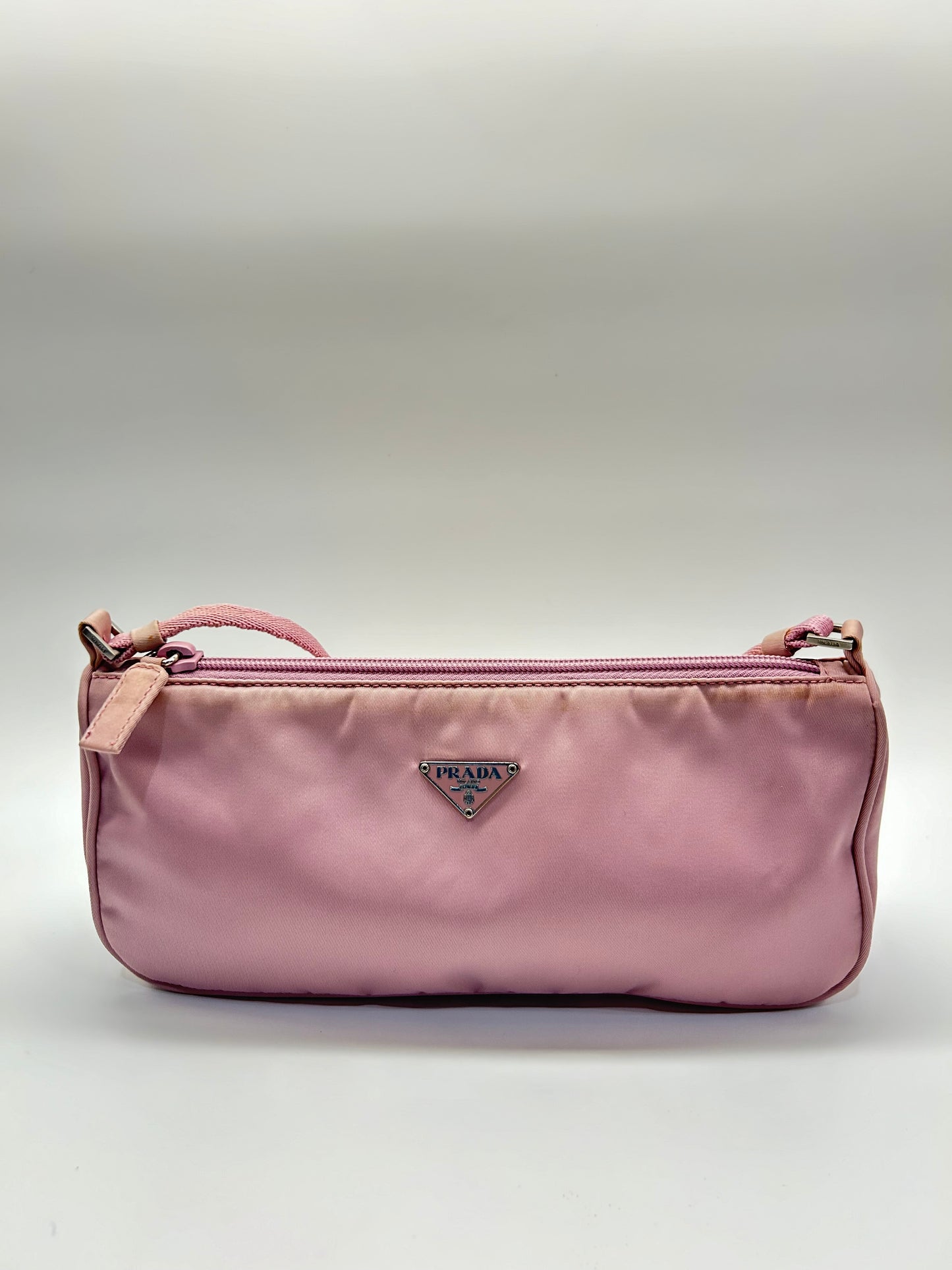 Prada Tesut Triangle Logo Plate Pink Silver Hardware Nylon Handbag Accessory Pouch